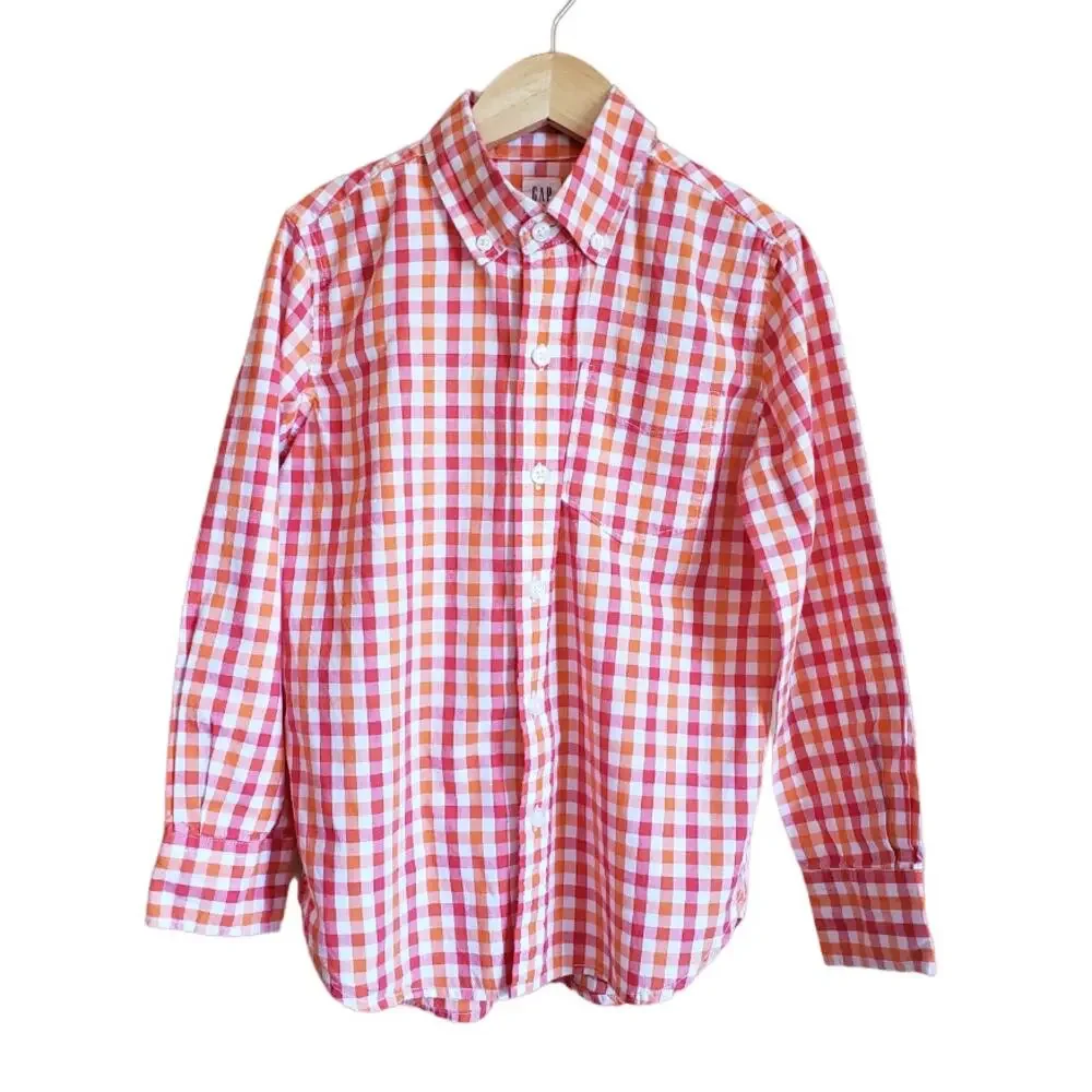 GAP Boy's Plaid Button Down Long Sleeve Shirt Orange Small